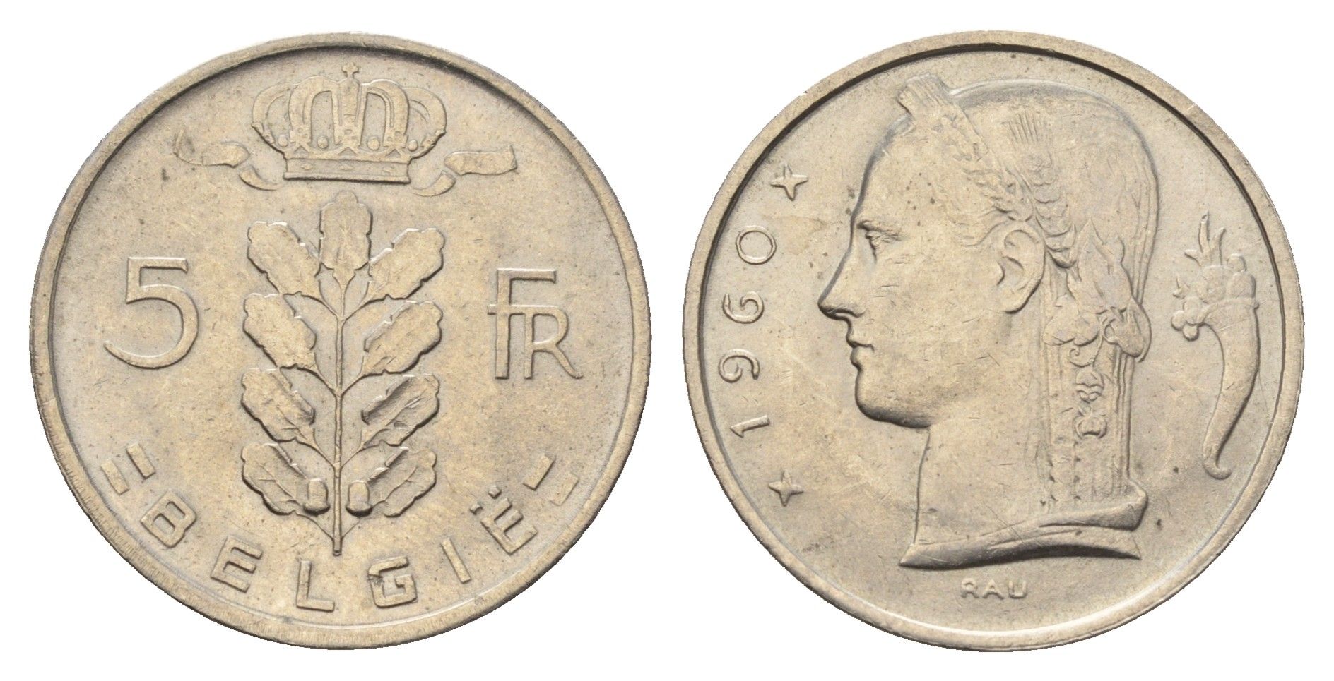 Бельгия 5 франков 1960 Belgie, Бодуэн I (1951-1993) KM 135 медно-никель UNC 4648-1136