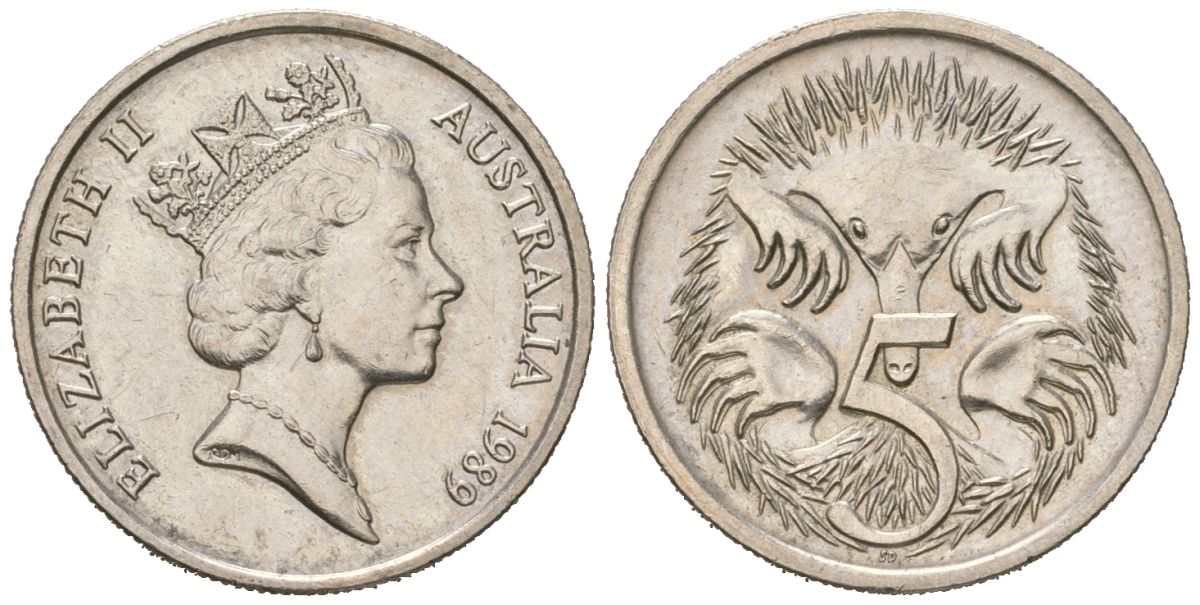 Австралия 5 центов 1989 Елизавета II (1952-2022), ехидна KM 80 медно-никель 96-1064