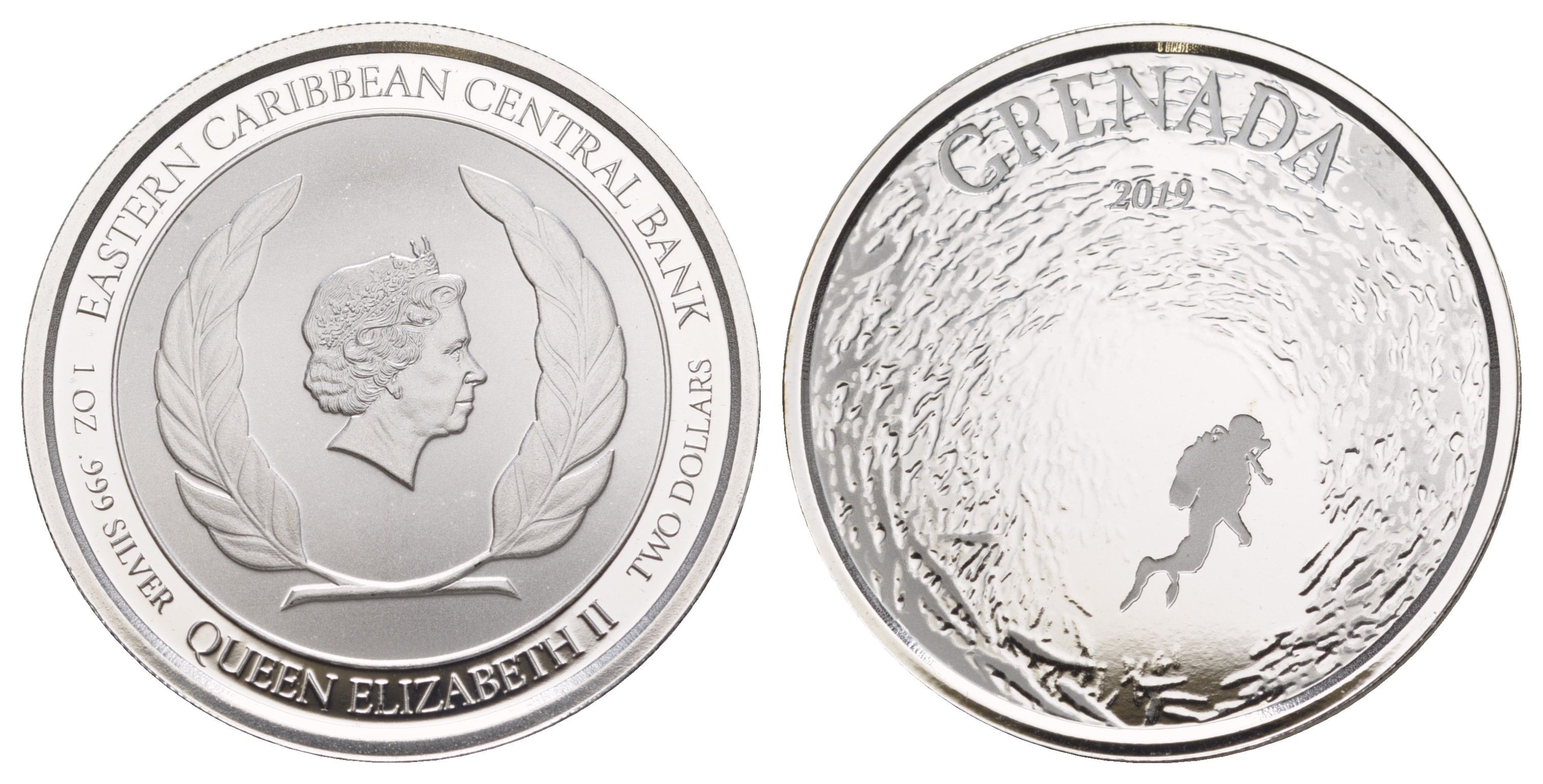 Восточные Карибы - Гренада 2 доллара 2019 Рай для дайвинга KM 21 серебро BU 11-150-33