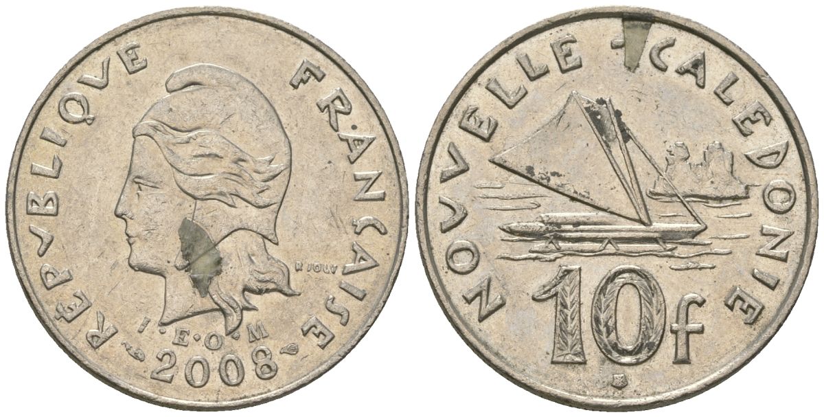 Французская Новая Каледония 10 франков 2008 рыбачья парусная лодка, (IEOM) KM 11a, Schoen 13a, Lec 99k медно-никель 60-633