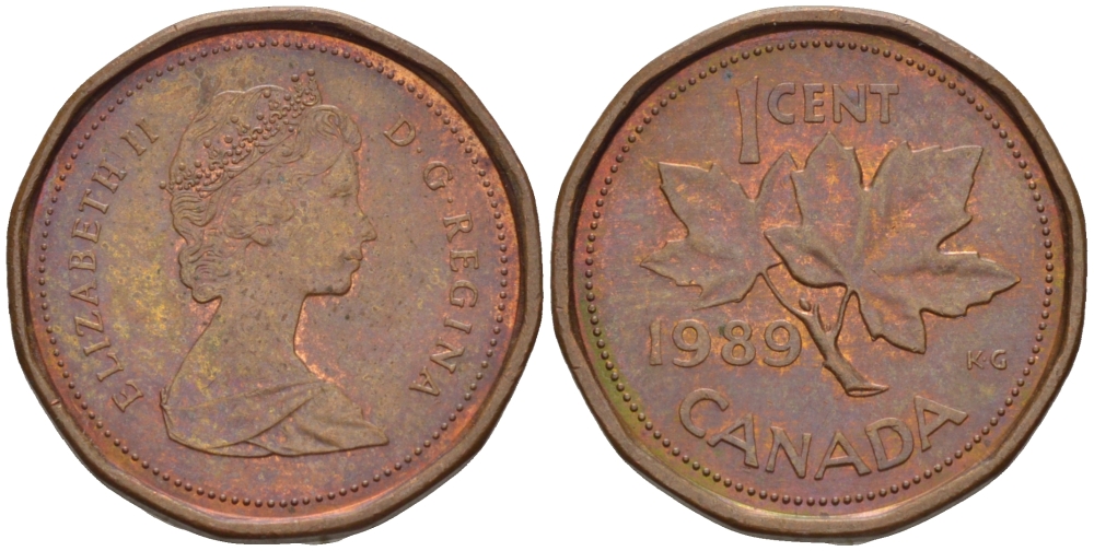 Канада 1 цент 1989 Елизавета II (1952-2022), кленовый лист KM 132 бронза 51-5063