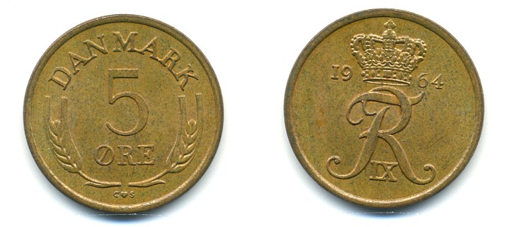ДАНИЯ 5 ЭРЕ 1964 C; S, ФРЕДЕРИК IX (1947-1972) KM 848.1 бронза 80-334