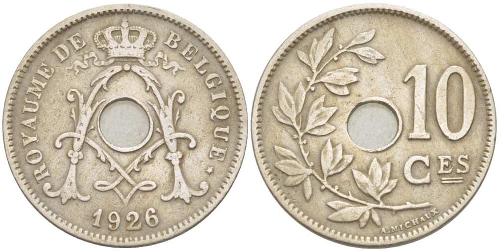 БЕЛЬГИЯ 10 САНТИМОВ 1926 BELGIQUE KM 85.1 медно-никель 210-1045