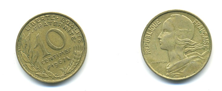 ФРАНЦИЯ 10 САНТИМОВ 1967 ТИП MARIANNE KM 929 медь алюминий никель 80-625