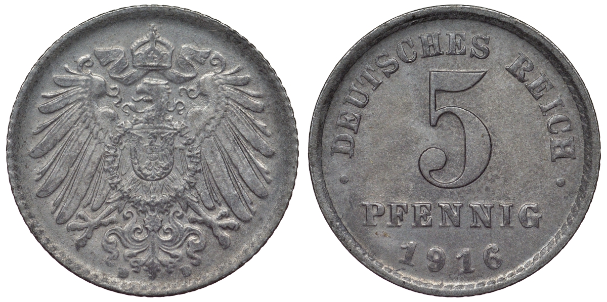 Германия 5 пфеннигов 1916 A KM 19, J. 297 железо aUNC 71-1051