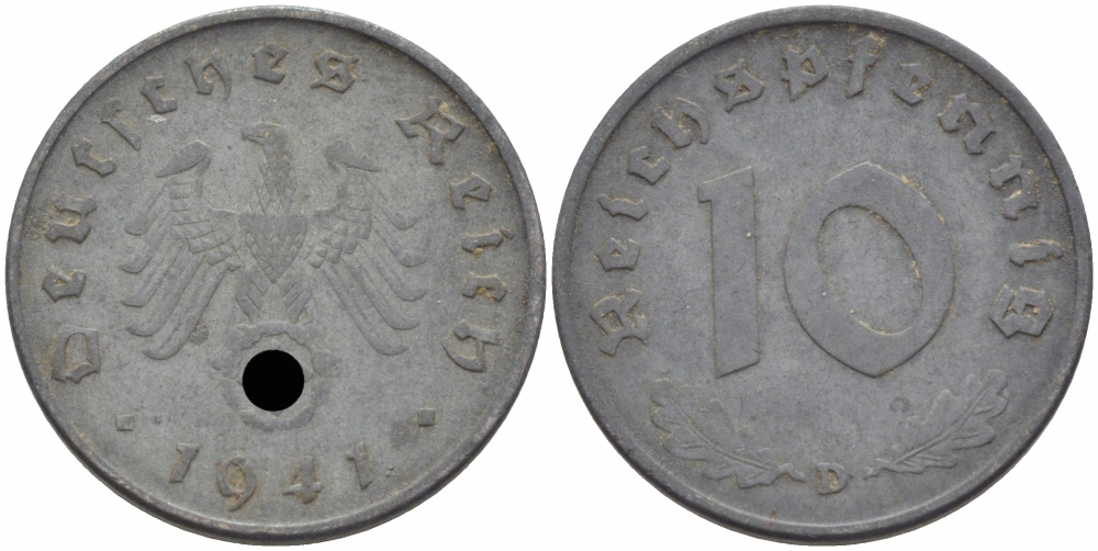 ГЕРМАНИЯ 10 РЕЙХСПФЕННИГОВ 1941 D J.371 цинк 110-253
