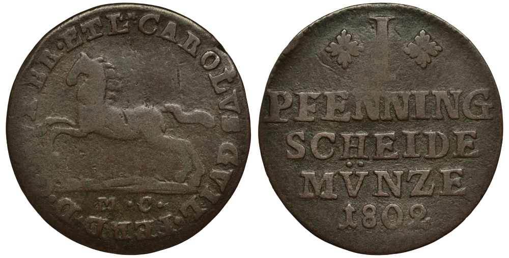 БРАУНШВЕЙГ-ВОЛЬФЕНБЮТТЕЛЬ 1 ПФЕННИГ 1802 MC, КАРЛ ВИЛЬГЕЛЬМ ФЕРДИНАНД (1780-1806) KM 995 медь 4513-126