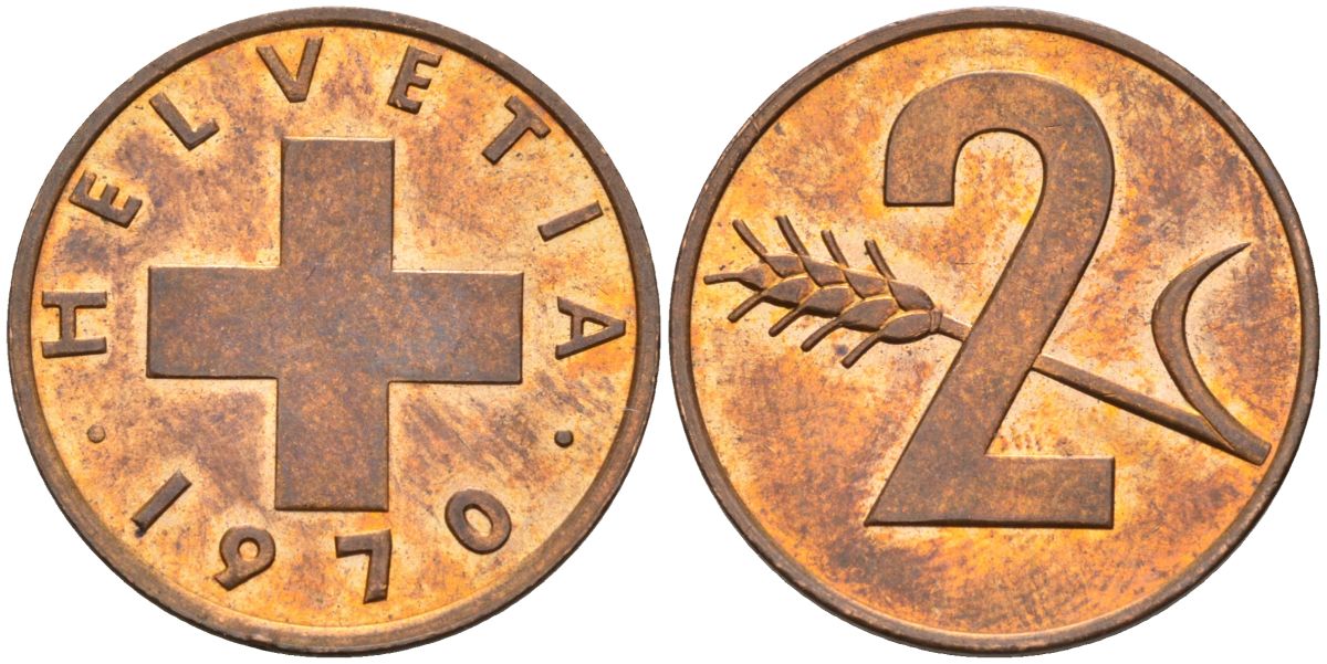 Швейцария 2 раппена 1970 KM 47 бронза UNC 4592-726