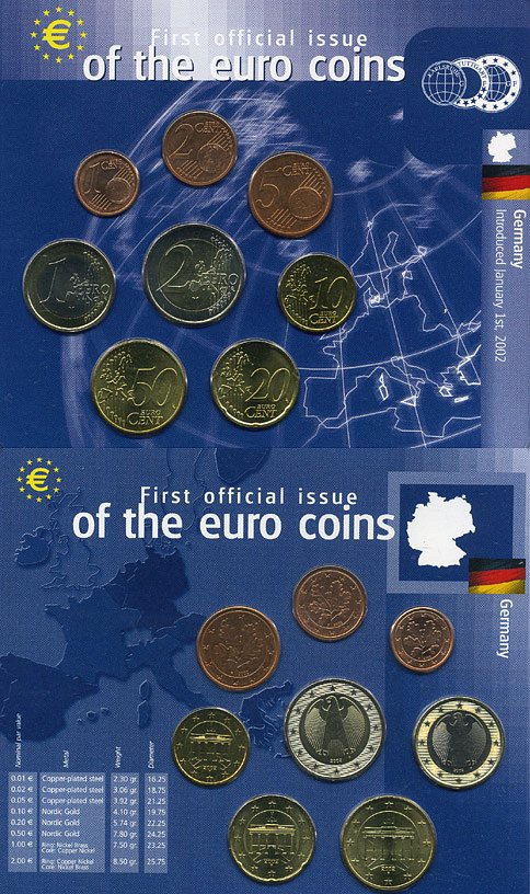 ФРГ евронабор из 8 монет 2002 1, 2, 5, 10, 20, 50 евроцентов, 1, 2 евро биметалл UNC 7-5-2-2