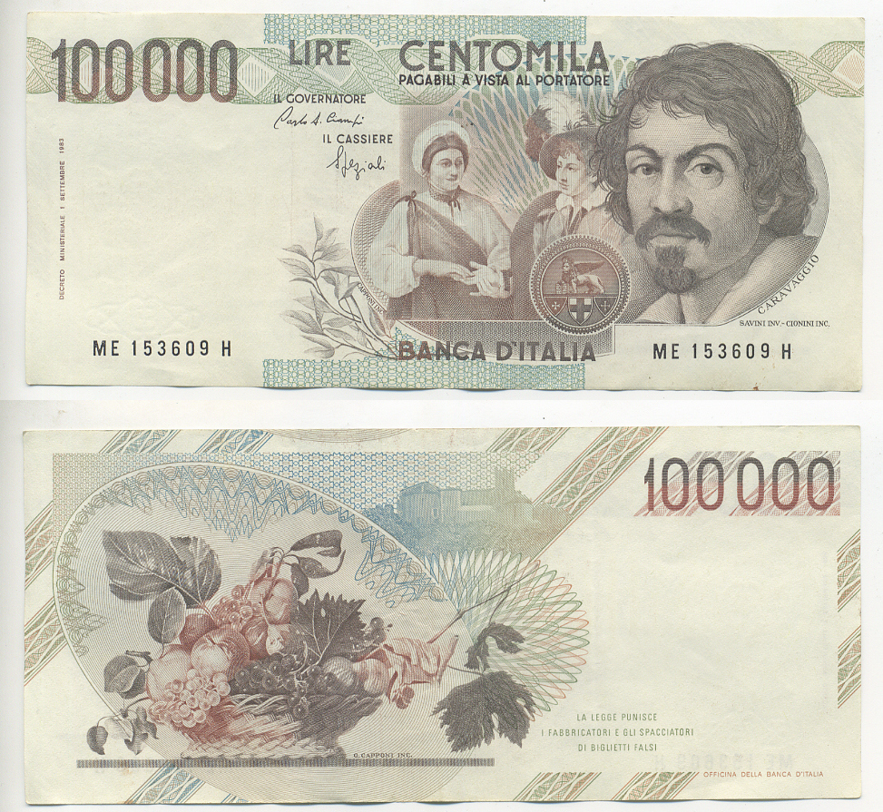 Италия 100000 лир 1983 Караваджо, фруктовый букет, подпись Speziali Pick 110b бумага 7220-25-2