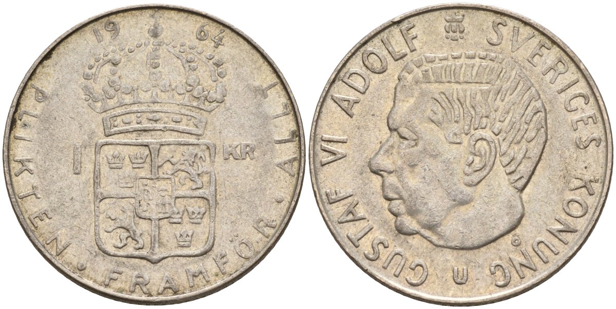 Швеция 1 крона 1964 U, Густав VI Адольф (1950-1973) KM 826 серебро 4150-141