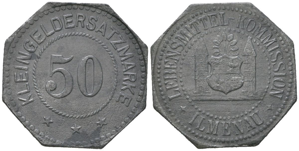 Ильменау (Саксен-Веймар-Айзенах) 50 пфеннигов 1917 Funck 226.1A, Men05 12157.1, Men18 15238.1 цинк 4566-1225