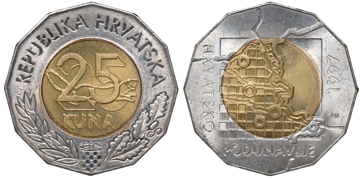 Хорватия 25 кун 1997 придунайский район Хорватии KM 47 биметалл UNC M21-14