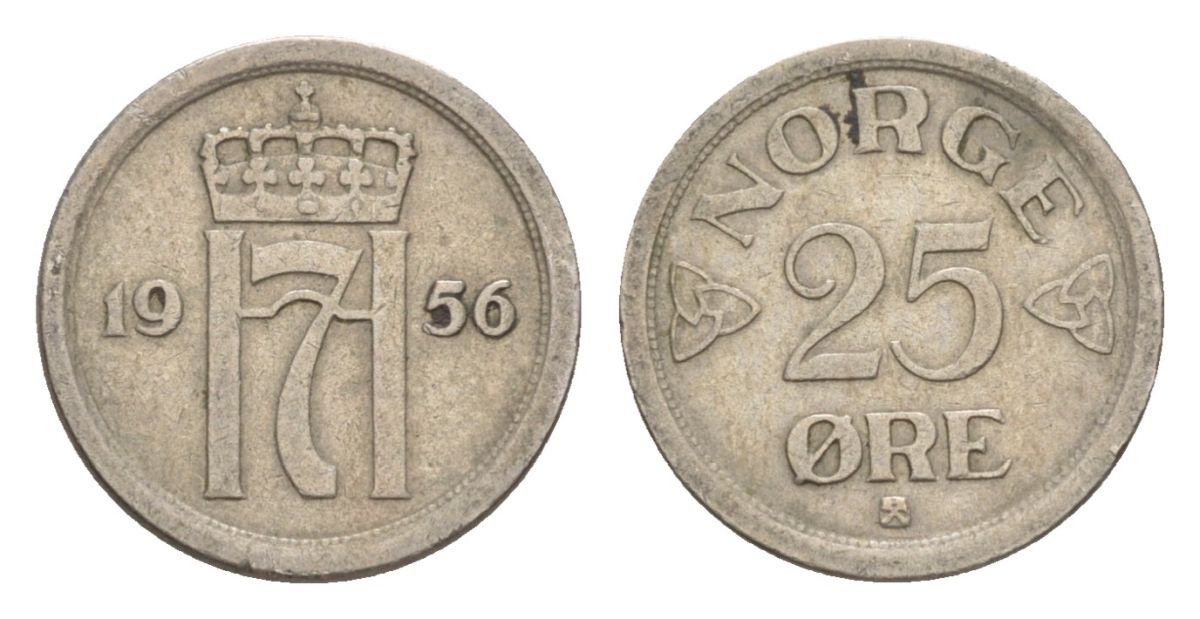 Норвегия 25 эре 1956 Хокон VII (1905-1957) KM 401 медно-никель 4632-1232