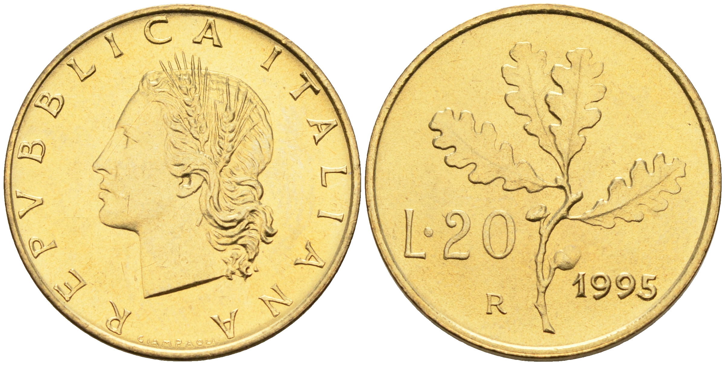 Италия 20 лир 1995 R, дубовый лист KM 97.2 алюминиевая бронза  UNC  4594-941