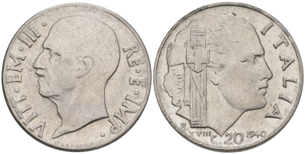 ИТАЛИЯ 20 ЧЕНТЕЗИМО 1940 R, ГОД XVIII, ВИКТОР ЭММАНУИЛ III (1900-1946), МАГНИТНАЯ, ГУРТ РИФЛЁНЫЙ KM 75b, VEM3. 1025 нержавеющая сталь 3853-515