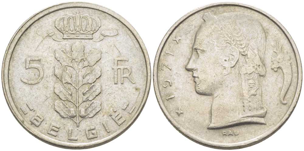 БЕЛЬГИЯ 5 ФРАНКОВ 1971 BELGIE, БОДУЭН I (1951-1993) KM 135.1 медно-никель 119-826