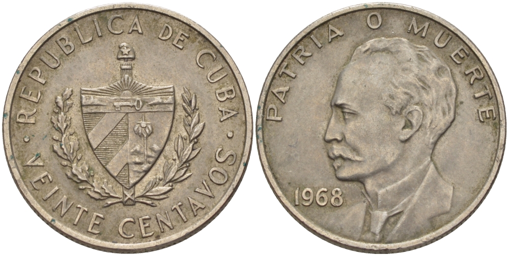 Куба 20 сентаво 1968 Хосе Марти KM 31, Y 25, Schoen 29 медно-никель 67-1133
