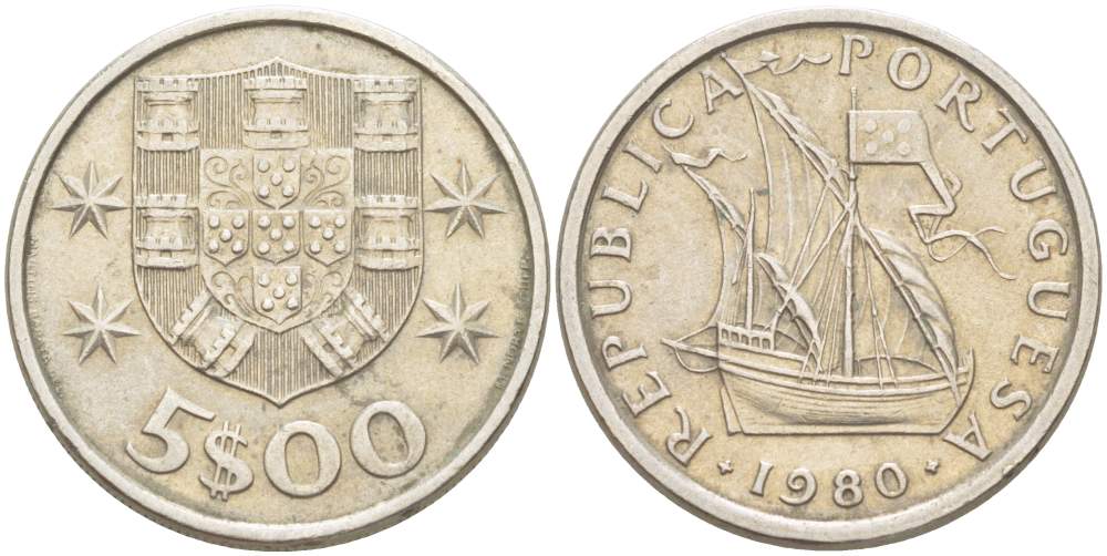 ПОРТУГАЛИЯ 5 ЭСКУДО 1980 ПАРУСНИК KM 591 медно-никель 4523-552