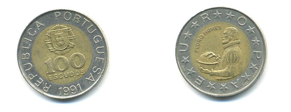Португалия 100 эскудо 1991 Педру Нуниш (1502-1578), математик KM 645.1 биметалл 56-932