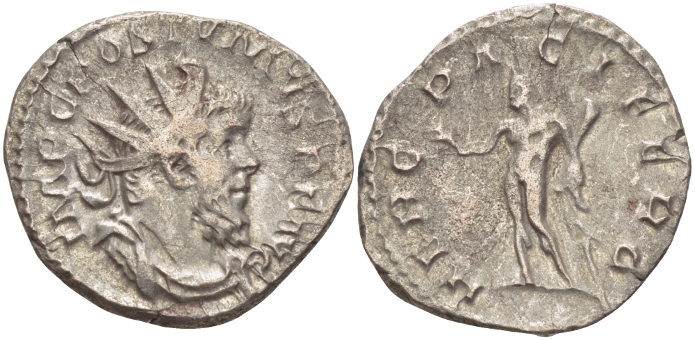 Римская Империя (императоры в Галлии) антониниан 260 - 269 Постум. IMP C POSTVMVS P F AVG / HERC PACIFERO, Геркулес с палицей, оливковой ветвью и львиной шкурой, Августа Треверов, Very fine RIC 67 биллон 1073-12-66
