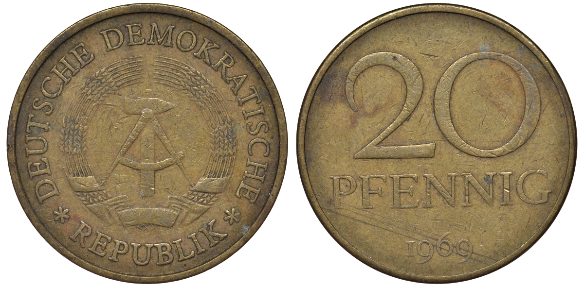 ГДР 20 пфеннигов 1969 А, первый год KM 11 латунь 62-1013