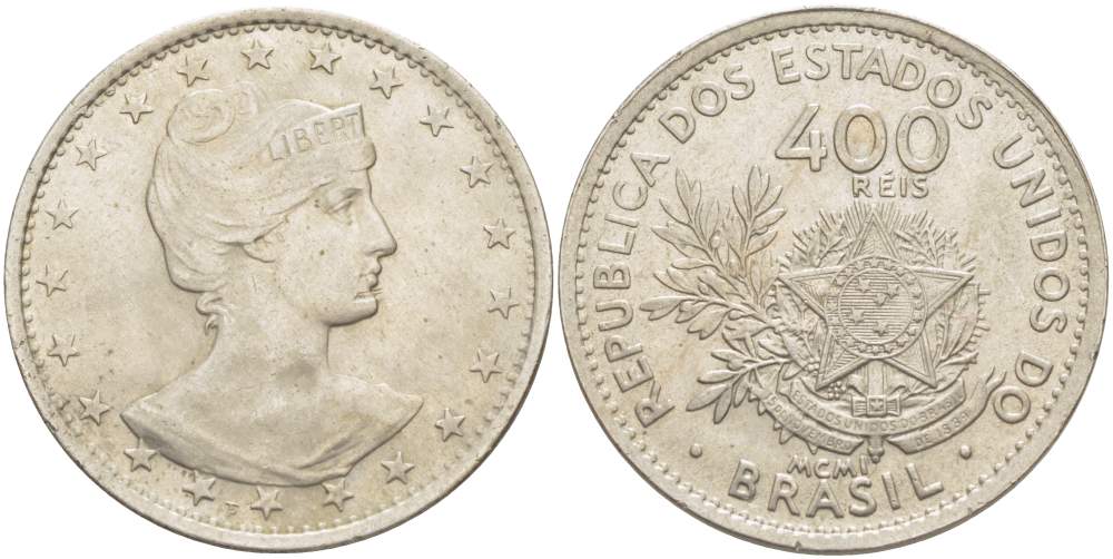 БРАЗИЛИЯ 400 РЕЙС 1901 ГОЛОВА СВОБОДЫ ВПРАВО KM 505 медно-никель 4517-1234