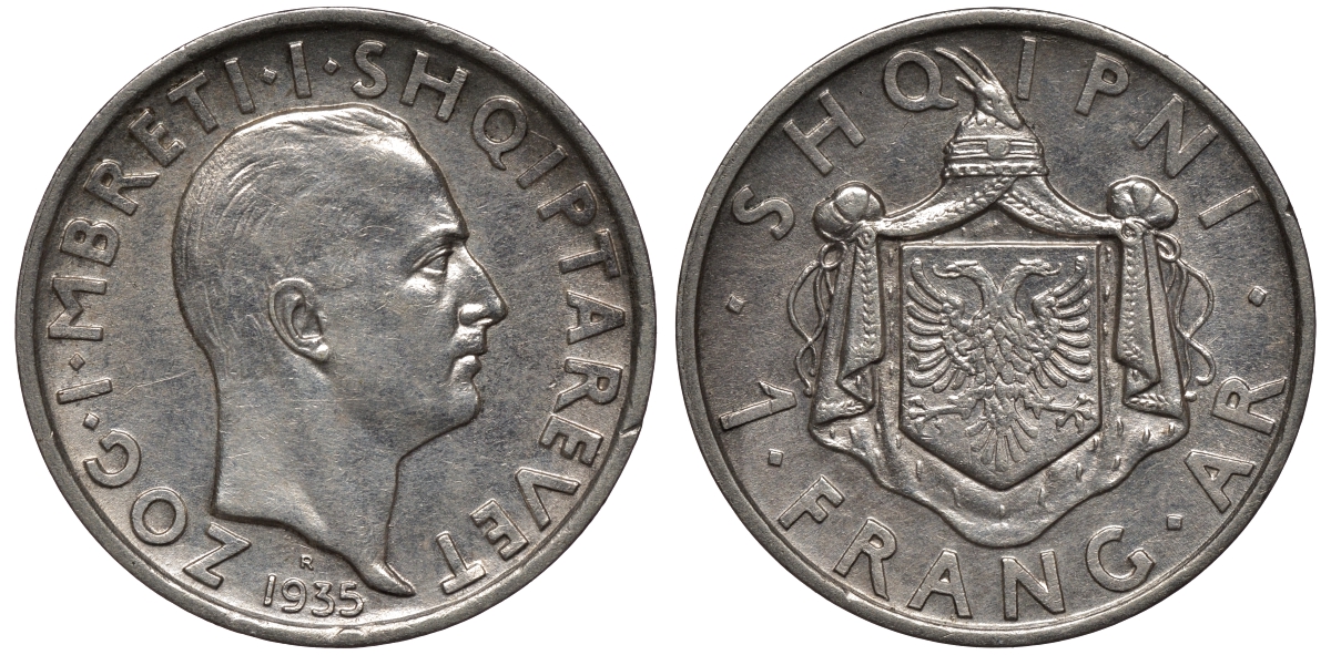 Албания 1 франга ари 1935 R, Ахмет Зогу I (1928-1939) KM 16 серебро 441-1521