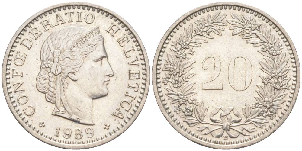 ШВЕЙЦАРИЯ 20 РАППЕНОВ 1989 В KM 29a медно-никель 55-1032