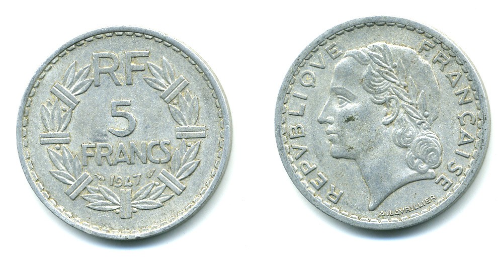 ФРАНЦИЯ 5 ФРАНКОВ 1947 OPEN 9 KM 888b.1 алюминий 47-646