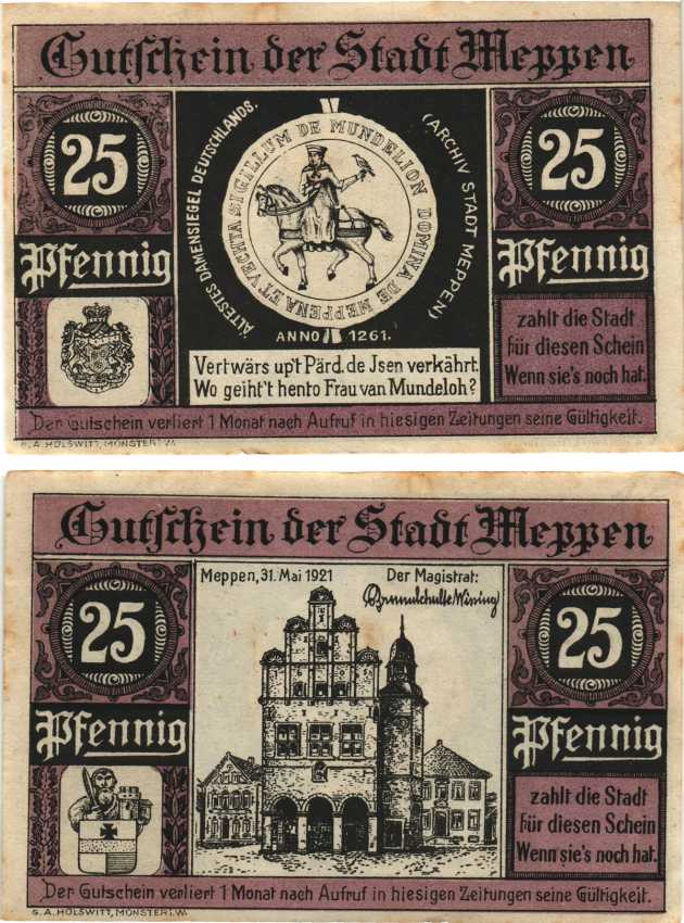МЕППЕН 25 ПФЕННИГОВ 1921 НОТГЕЛЬД, 31 МАЯ 1921, ЗЕМЛЯ НИЖНЯЯ САКСОНИЯ Grabowski 883.1 бумага 8608-1-1-1