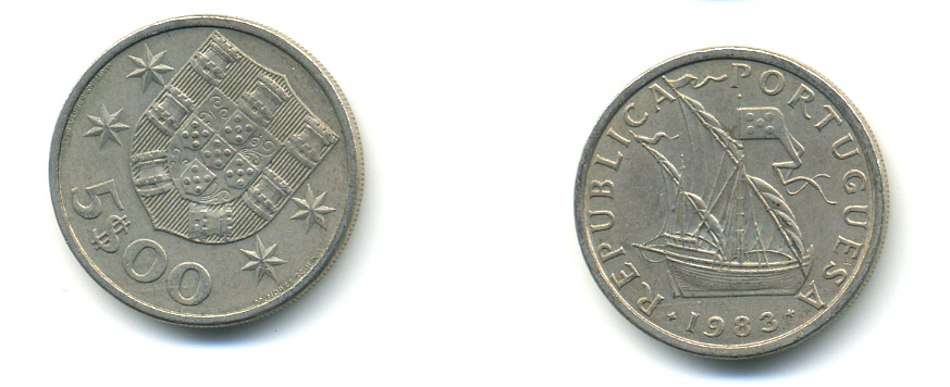 ПОРТУГАЛИЯ 5 ЭСКУДО 1983 ПАРУСНИК KM 591 медно-никель 176-937