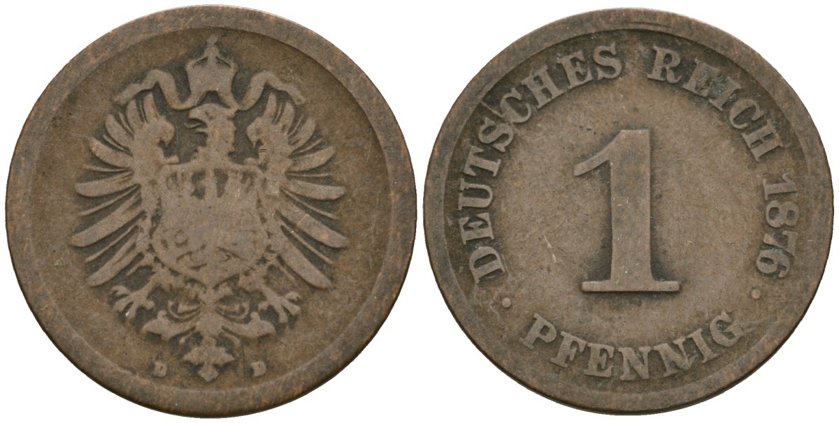 Германия 1 пфенниг 1876 D, Вильгельм I (1871-1888) KM 1, J. 1 медь 4173-827