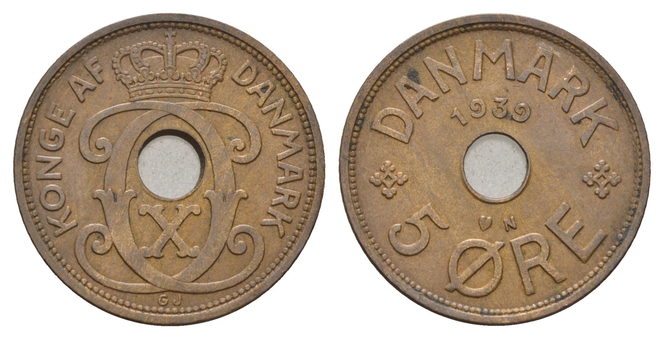 Дания 5 эре 1939 N, Кристиан X (1912-1947) KM 828 бронза 4700-843