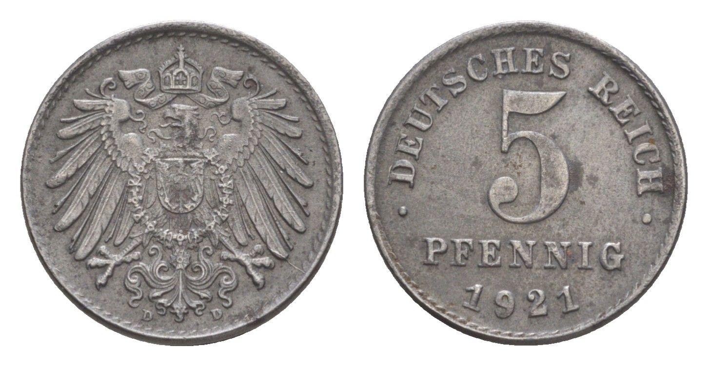 Германия 5 пфеннигов 1921 D KM 19, J. 297 железо плакированное цинком 4644-1125