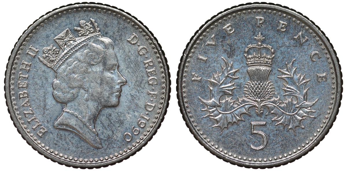 Великобритания 5 пенсов 1990 Елизавета II (1952-2022) KM 937b, Spink 4372 (D4) медно-никель 4124-648