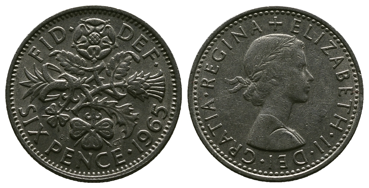 Великобритания 6 пенсов 1965 Елизавета II (1952-2022) KM 903, Spink 4149 медно-никель 4381-831