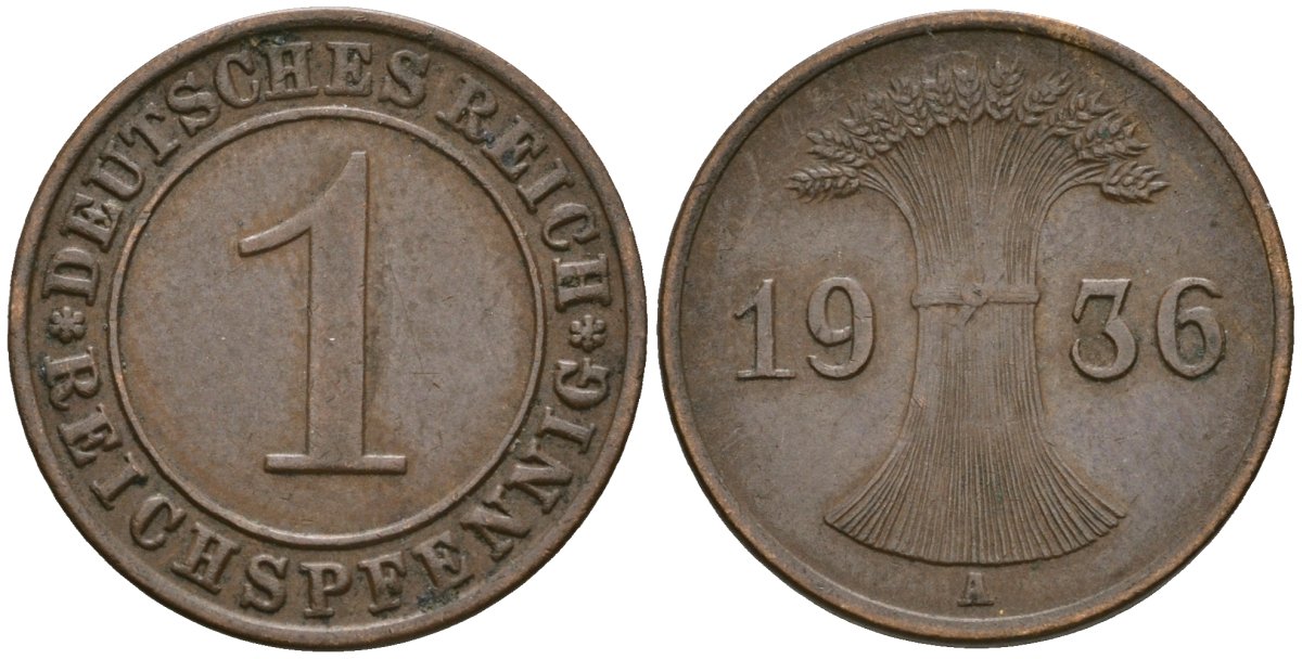 Германия 1 рейхспфенниг 1936 A KM 37, J. 313 бронза 4549-236