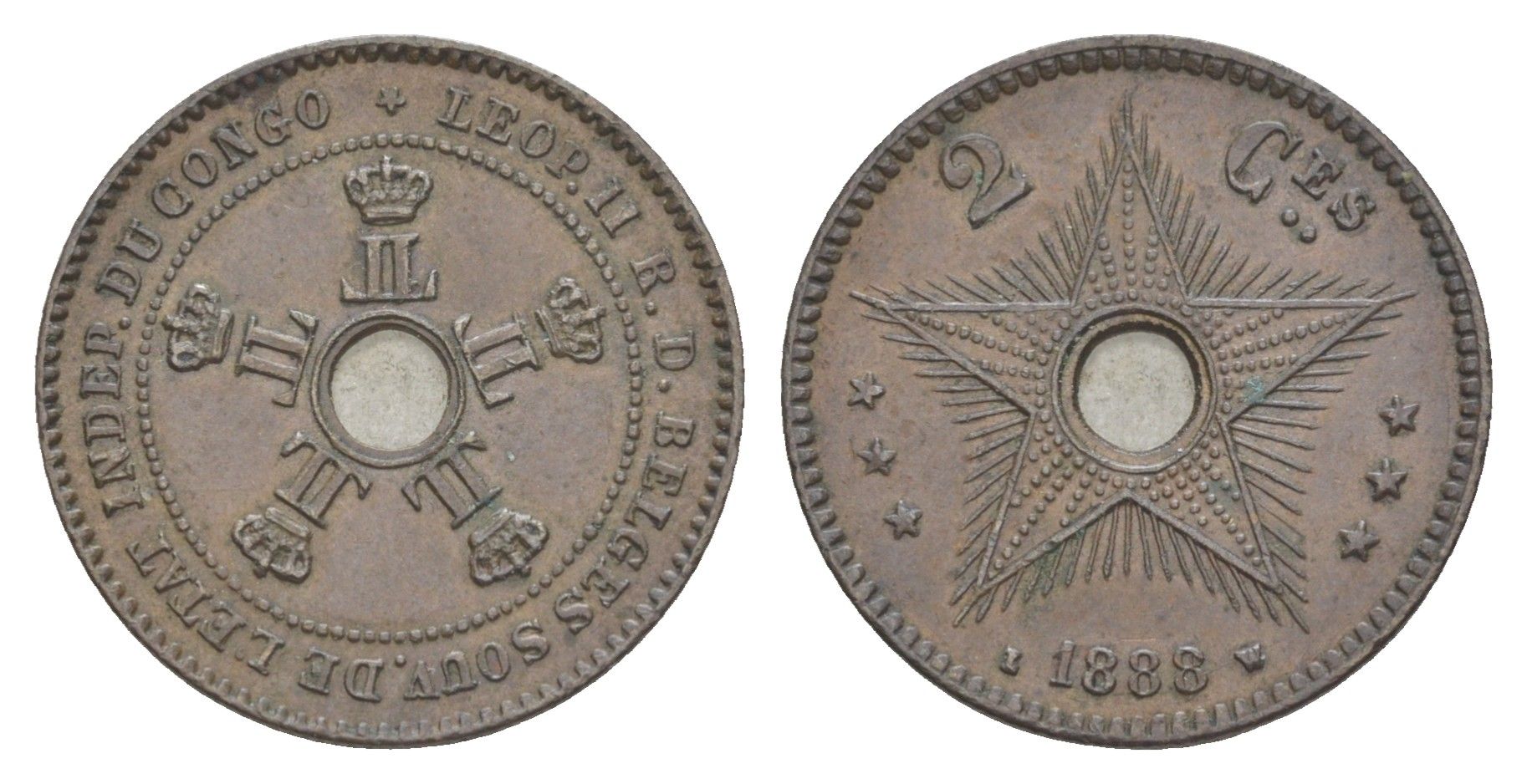 Бельгийское Конго 2 сантима 1888 Свободное государство Конго, Леопольд II (1865-1909) KM 2 медь 4127-432