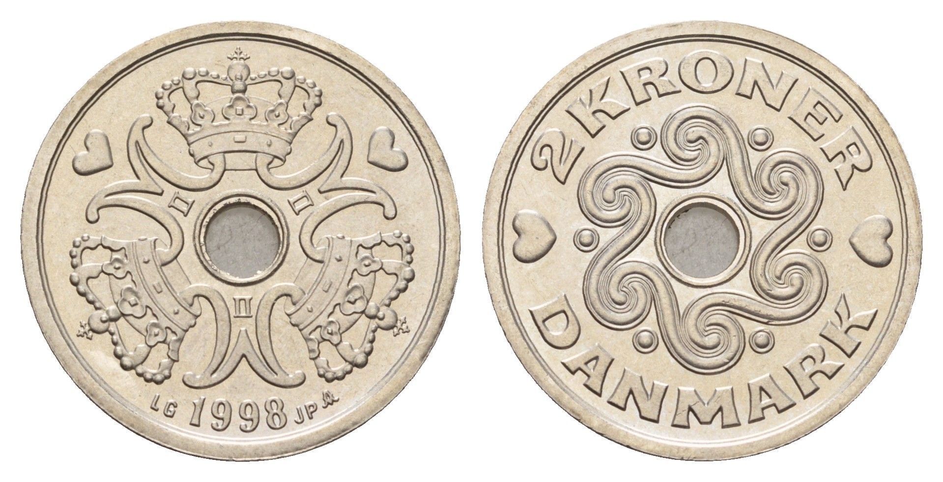 Дания 2 кроны 1998 Маргрете II (1972-2024) KM 874 медно-никель UNC 176-515