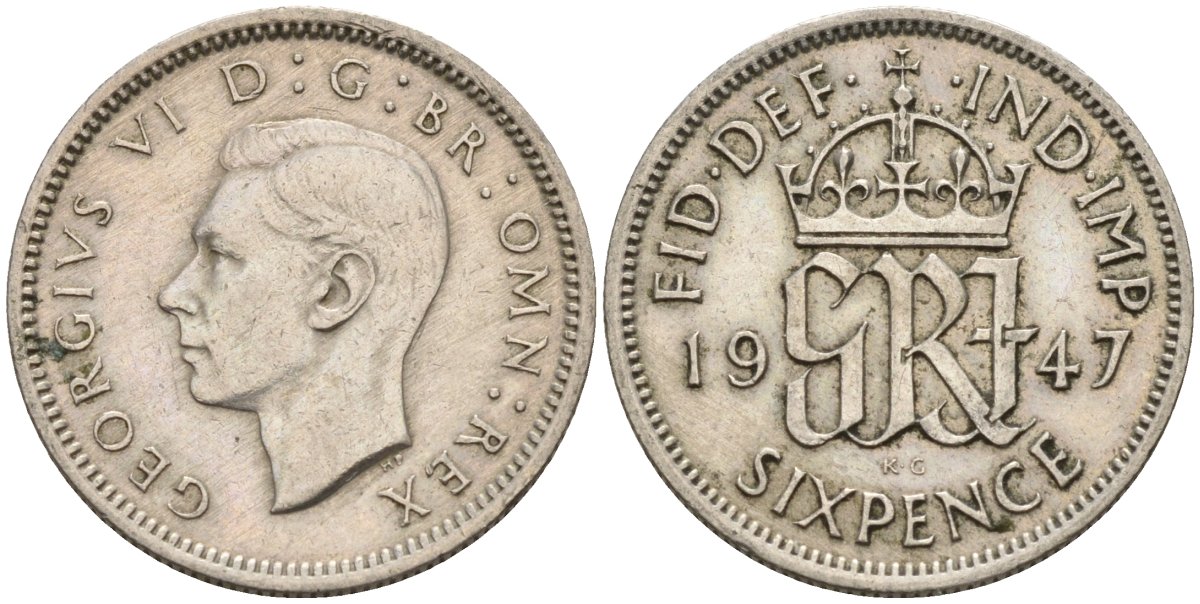 Великобритания 6 пенсов 1947 Георг VI (1936-1952) KM 875, Spink 4105 медно-никель 4596-1028