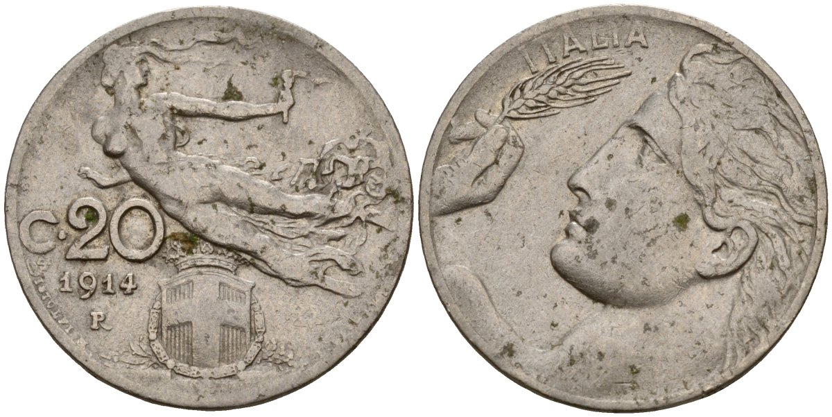 Италия 20 чентезимо 1914 поворот на 20 градусов, брак чекана, R, Виктор Эммануил II (1861-1878) KM 44 никель 443-721