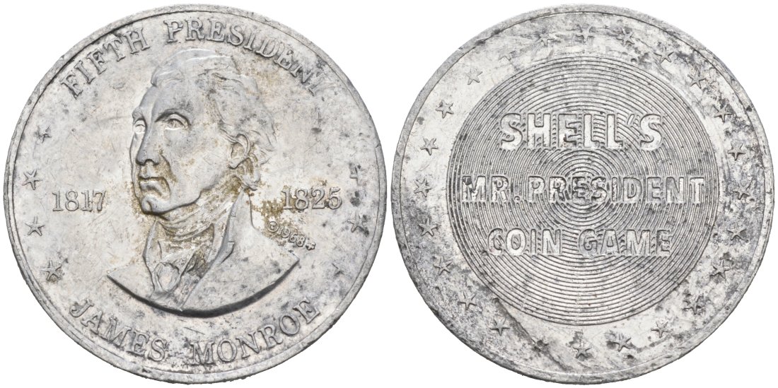 США памятный жетон ND SHELL, серия МИСТЕР Президент, ПЯТЫЙ Президент США ДЖЕЙМС МОНРО (1817-1825), диаметр 26 мм. алюминий 4571-457
