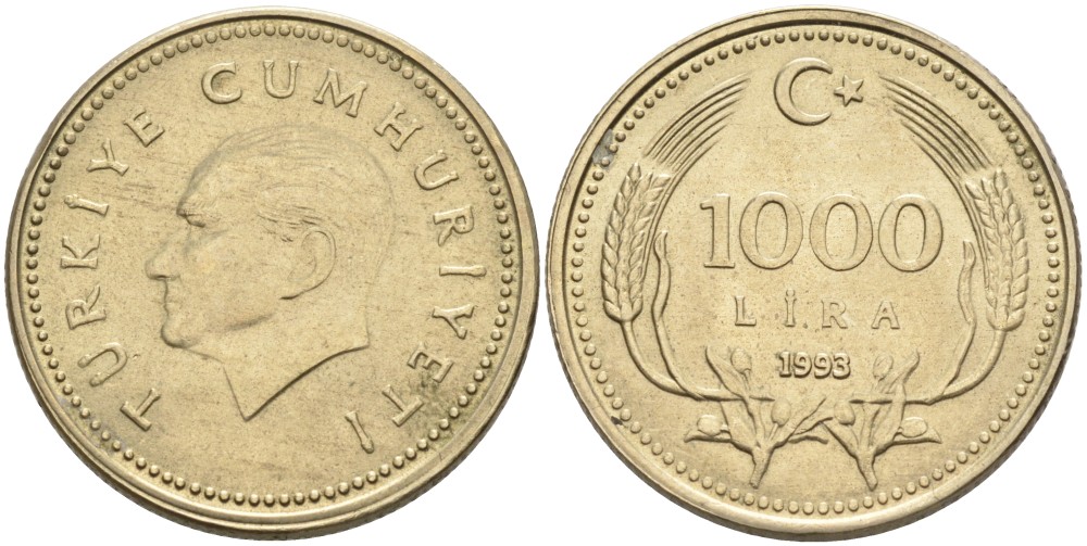 Турция 1000 лир 1993 Кемаль Ататюрк KM 997 медь никель цинк UNC 4561-135