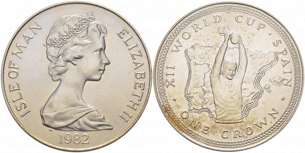 Остров Мэн 1 крона 1982 чемпионат мира по футболу в Испании, игрок с кубком KM 91a серебро UNC 11-145-45