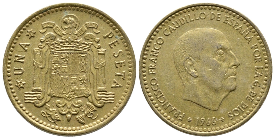 ИСПАНИЯ 1 ПЕСЕТА 1966 (73) ФРАНСИСКО ФРАНКО ДИКТАТОР ИСПАНИИ (1939-1975) КМ 796 алюминиевая бронза 4364-4422