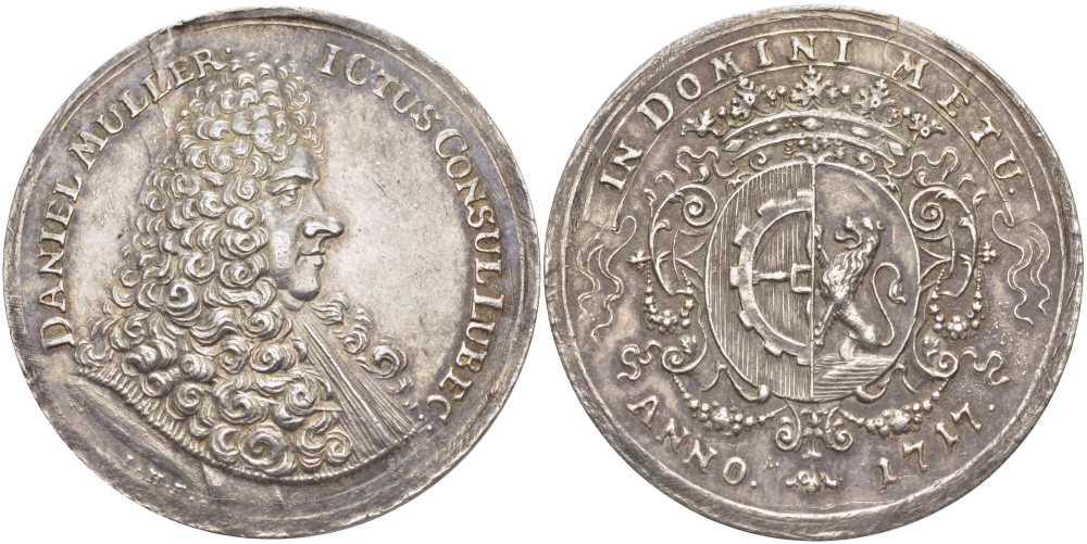 Любек медаль 1717 портрет бургомистра Даниэля Мюллера, диаметр 39,83 мм, вес  12,82 гр, (rare), extremely fine Behrens 709; R?hl 300 серебро 00-814-07