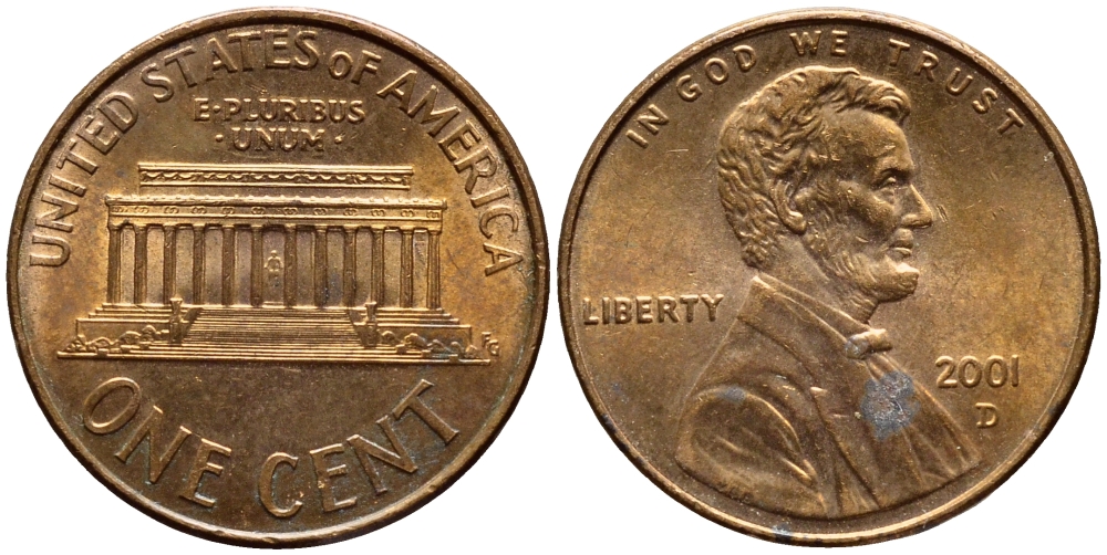 США 1 ЦЕНТ 2001 D, ЛИНКОЛЬН KM 201b цинк плакированный медью 4396-461