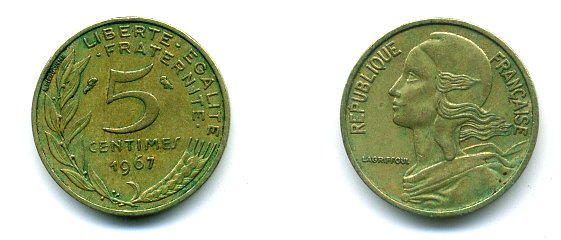 ФРАНЦИЯ 5 САНТИМОВ 1967 ТИП MARIANNE КМ 933 медь алюминий никель 3999-615