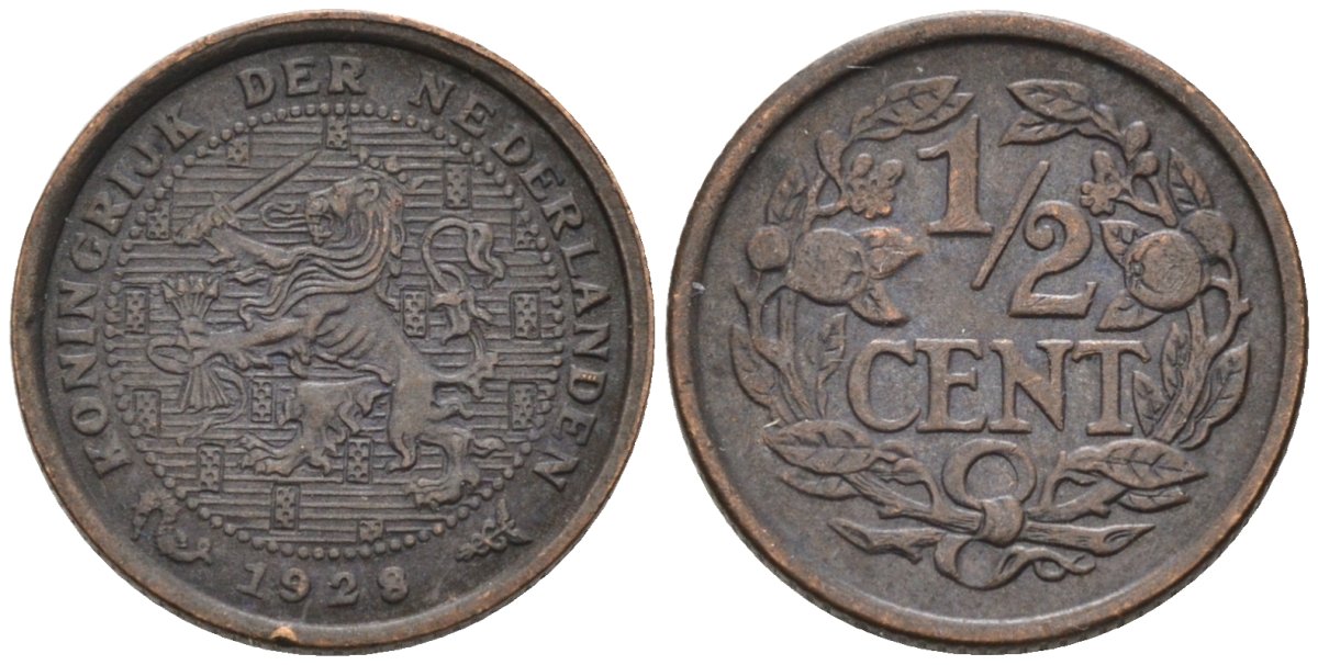 Нидерланды 1/2 цента 1928 Вильгельмина (1890-1948) KM 138 бронза 4576-454